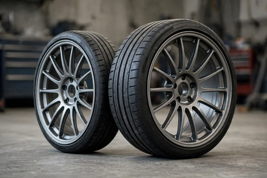 Two alloy wheels side by side showing narrow and wide staggered fitment comparison