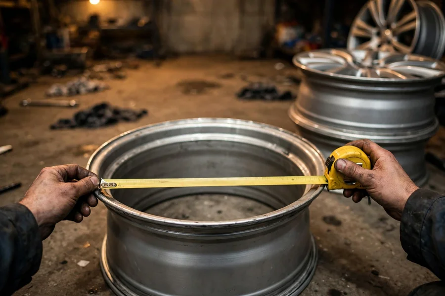 Mechanic measuring a wheel barrel with a tape measure during a test fit