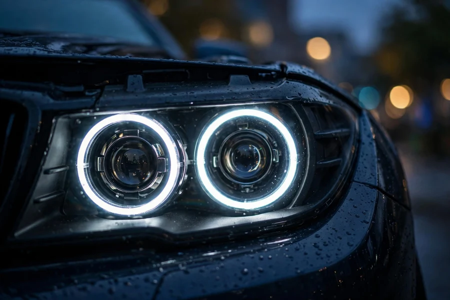 BMW angel-eye daytime running lights glowing at dusk