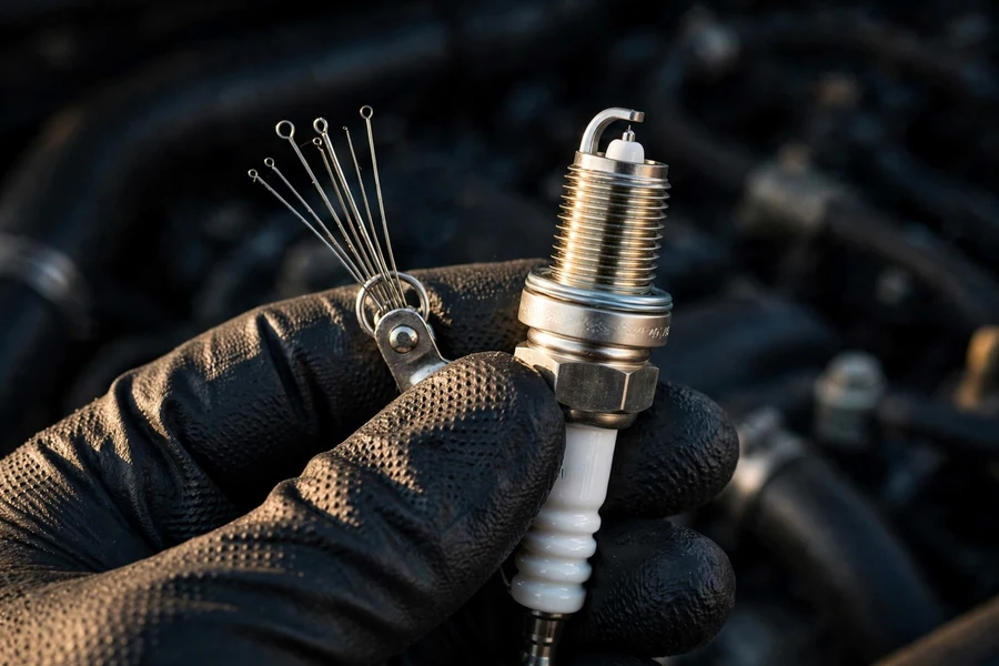 New iridium spark plug held next to a wire feeler gauge for gap verification
