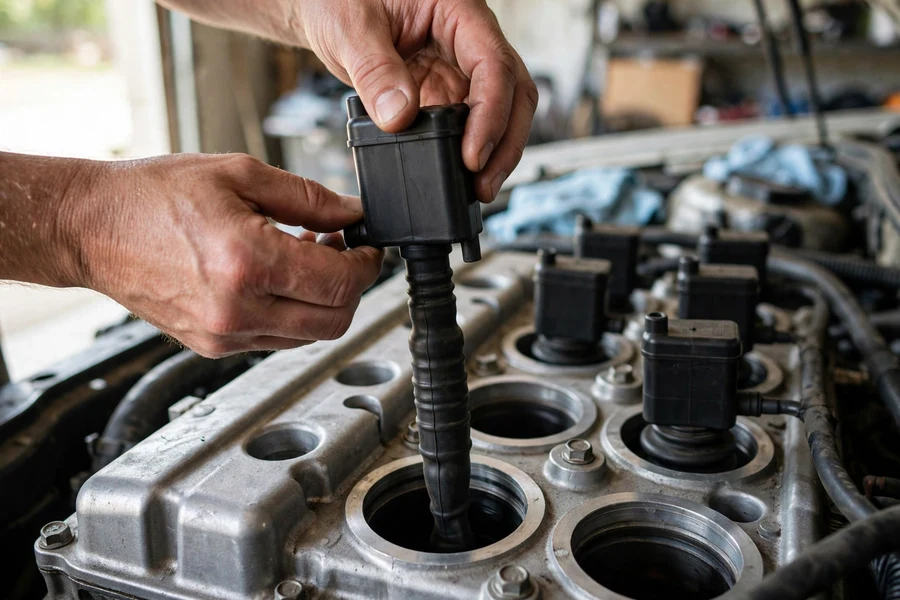 Ignition coil being pulled straight up out of a spark plug well
