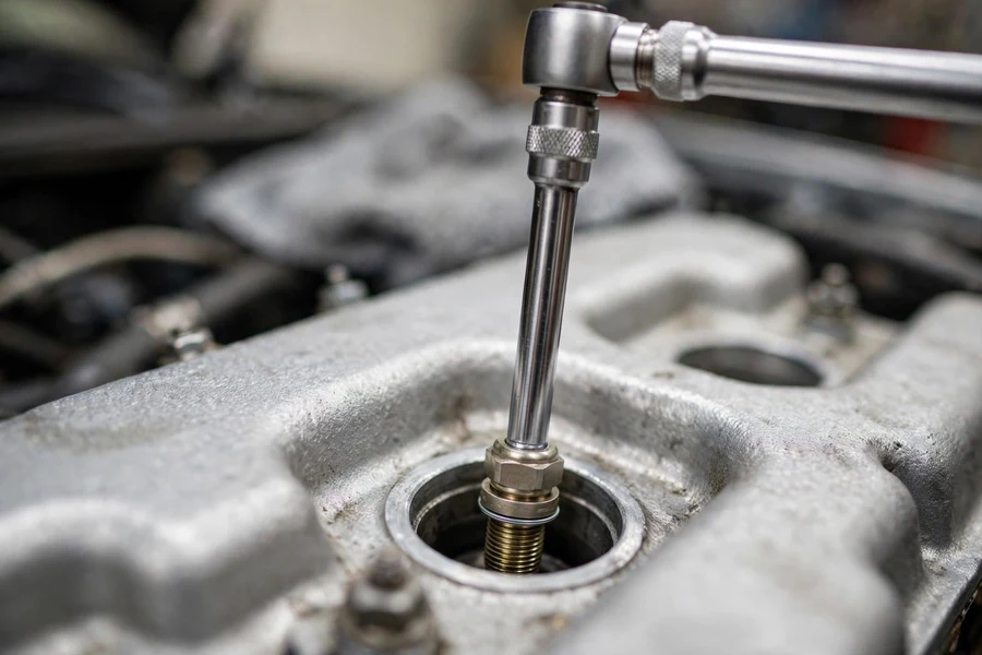 Torque wrench with a long extension tightening a spark plug in the cylinder head