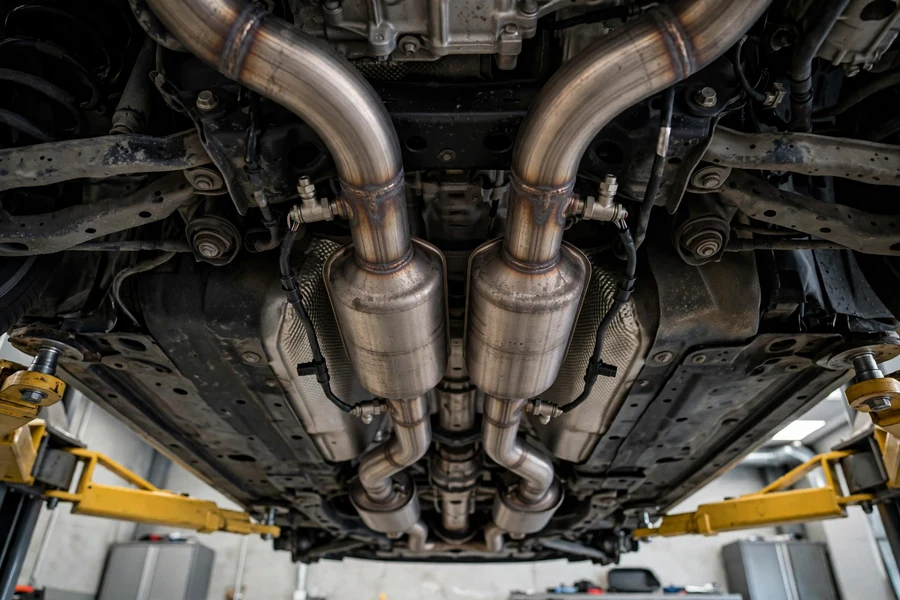BMW 3 Series exhaust system showing oxygen sensor positions before and after the catalytic converters