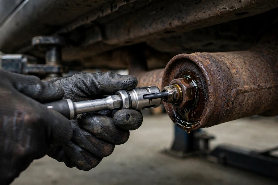 Mechanic loosening a seized oxygen sensor in a BMW exhaust with a slotted O2 sensor socket