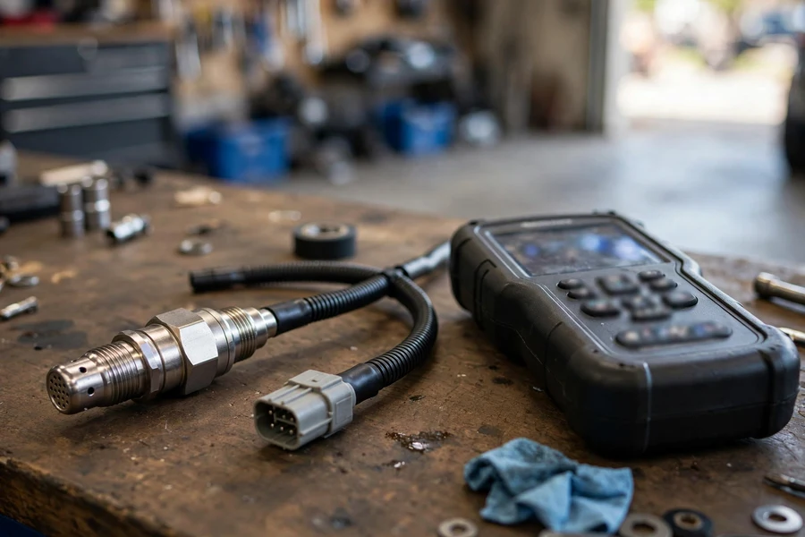 New direct-fit oxygen sensor with factory connector next to a scan tool on a workbench