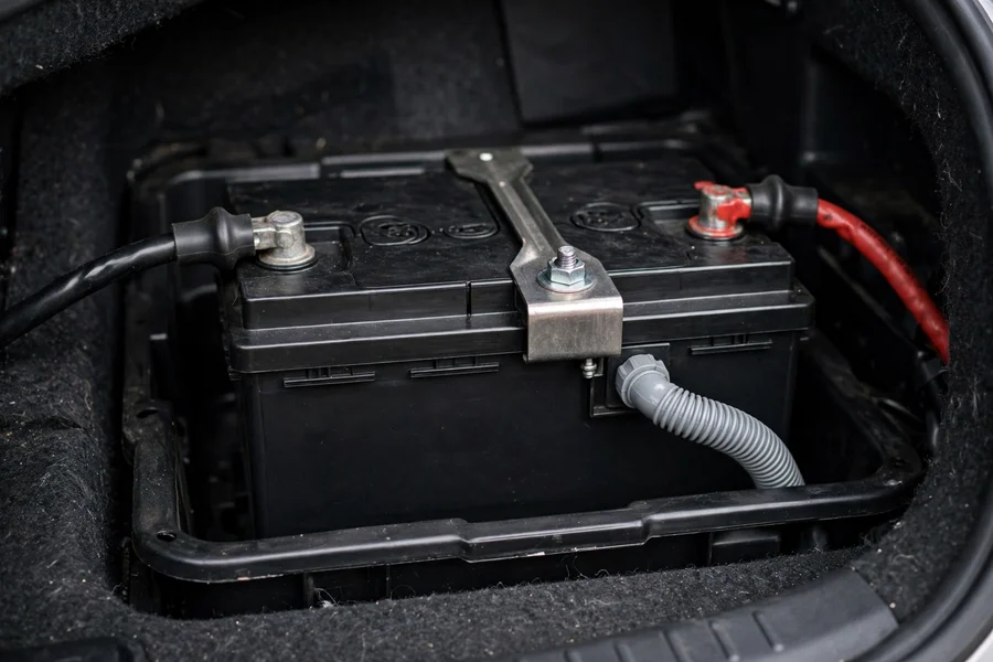 BMW 3 Series battery secured in the trunk battery well with hold-down bracket and vent hose connected