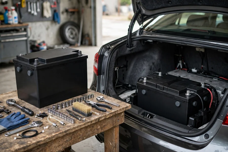 New AGM car battery and tools ready beside a BMW 3 Series trunk for installation