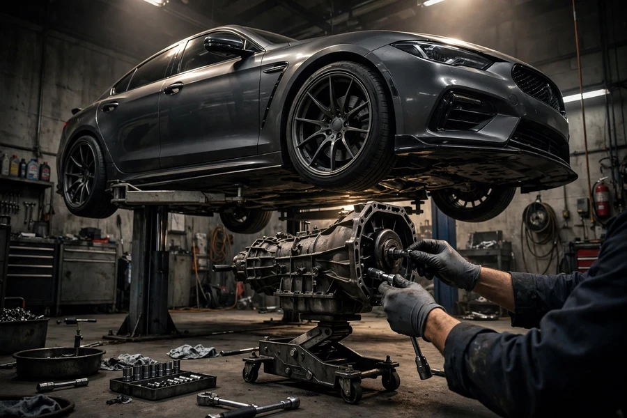 BMW 3 Series on a workshop lift with the manual transmission lowered for a clutch replacement