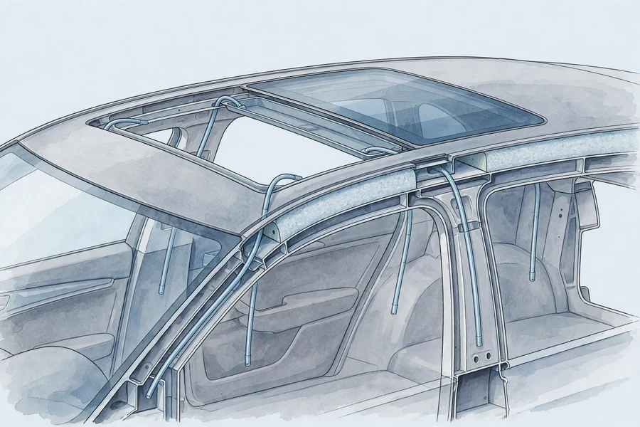 Illustration of a BMW 3 Series roof cutaway showing the four sunroof drain tubes routing down the A-pillars and C-pillars