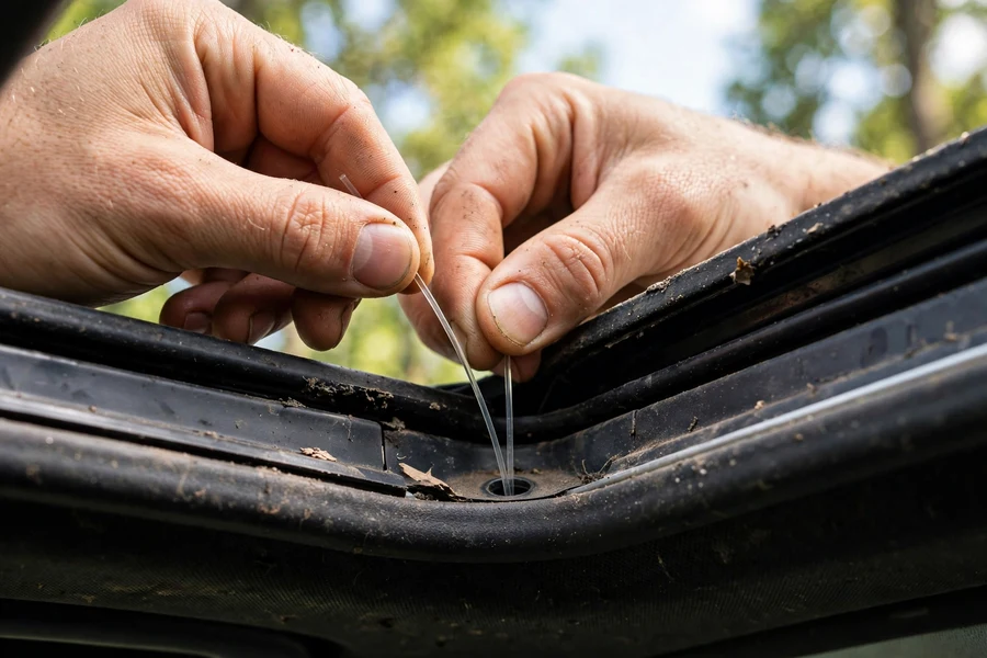 Hands feeding a blunt nylon trimmer line into a sunroof drain corner at the edge of an open sunroof tray