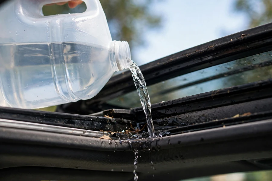 A stream of water poured from a jug into a sunroof tray corner during a drain verification test