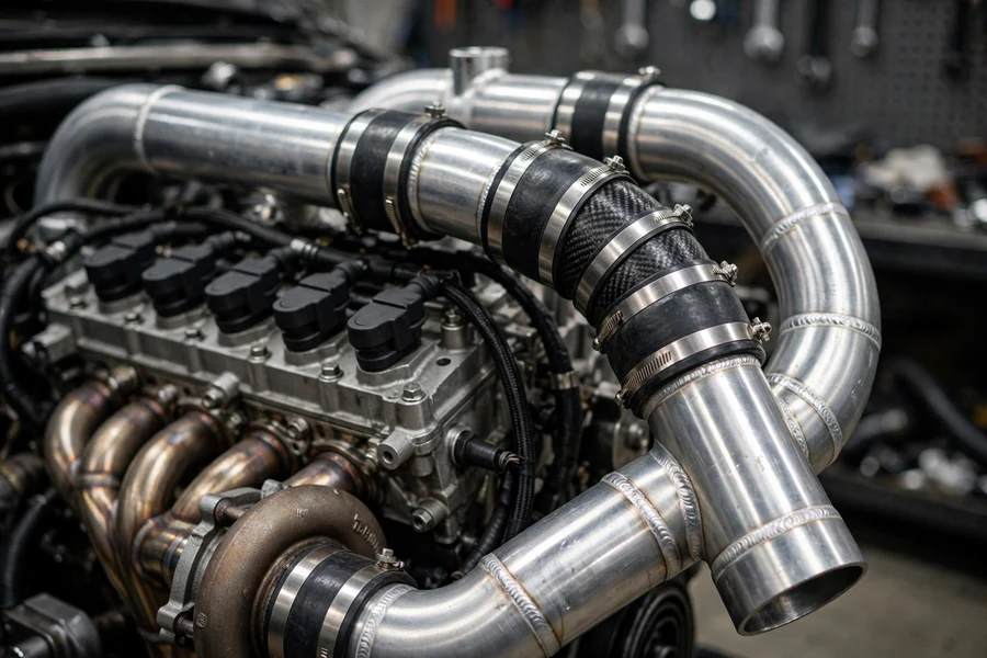 Upgraded intercooler piping and reinforced charge pipe in a turbocharged BMW engine bay