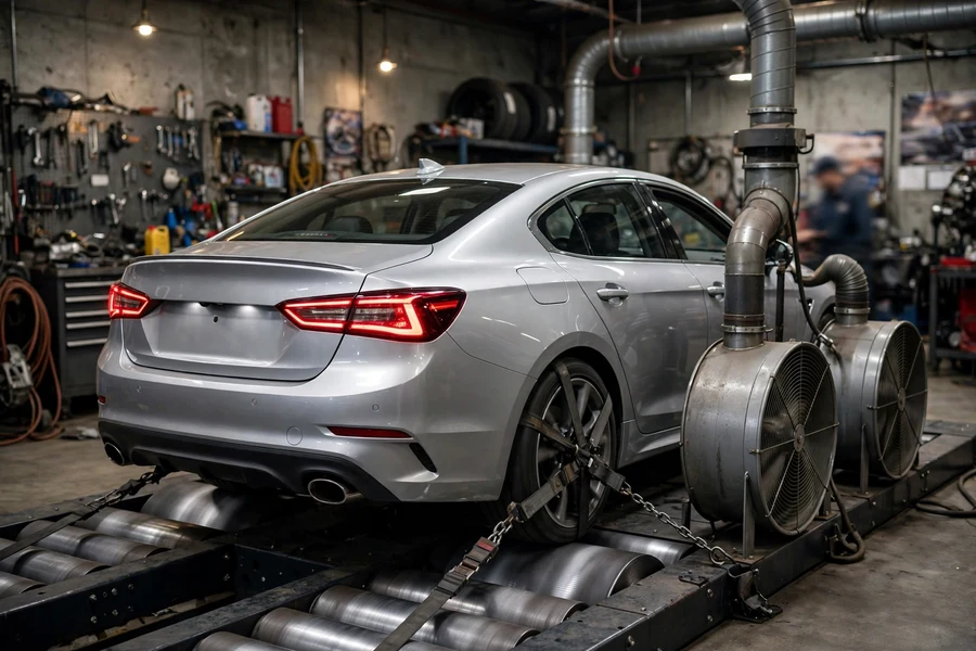 BMW 3 Series strapped to a chassis dynamometer in a tuning workshop