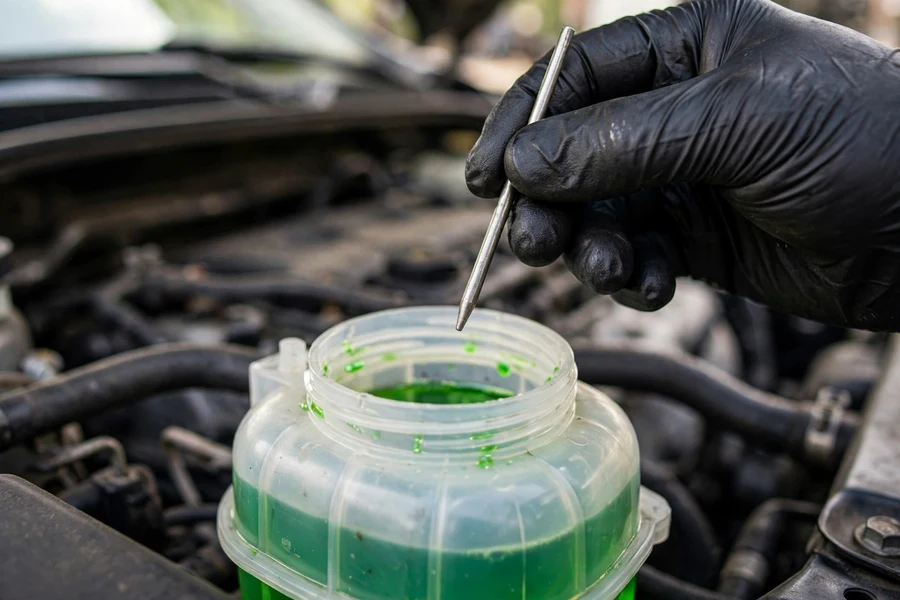 Mechanic checking BMW power steering fluid reservoir