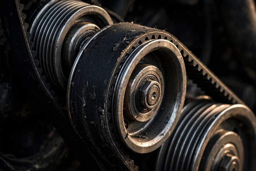 Serpentine belt and pulleys on a BMW engine