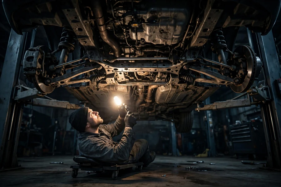 Mechanic inspecting steering rack under a BMW on a lift