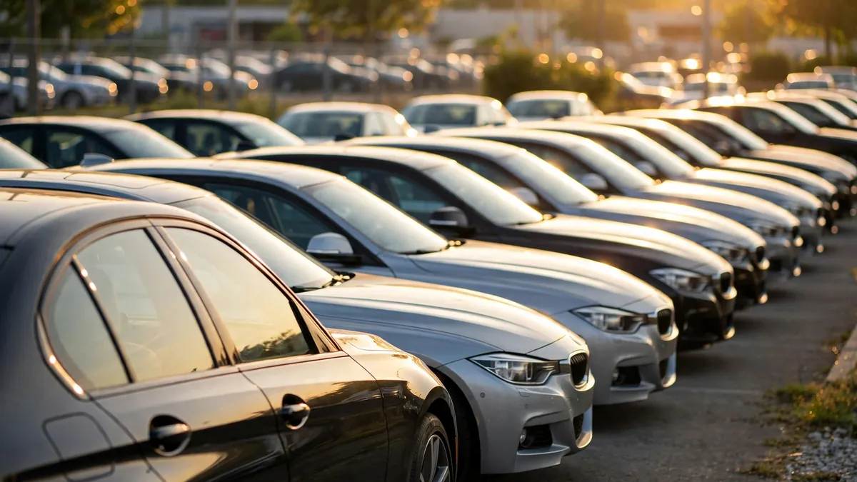Used BMW 3 Series sedan parked at a dealership lot