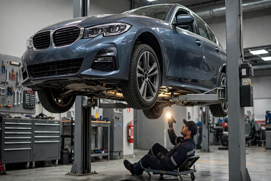 A BMW specialist performing a pre-purchase inspection on a used 3 Series sedan raised on a workshop lift