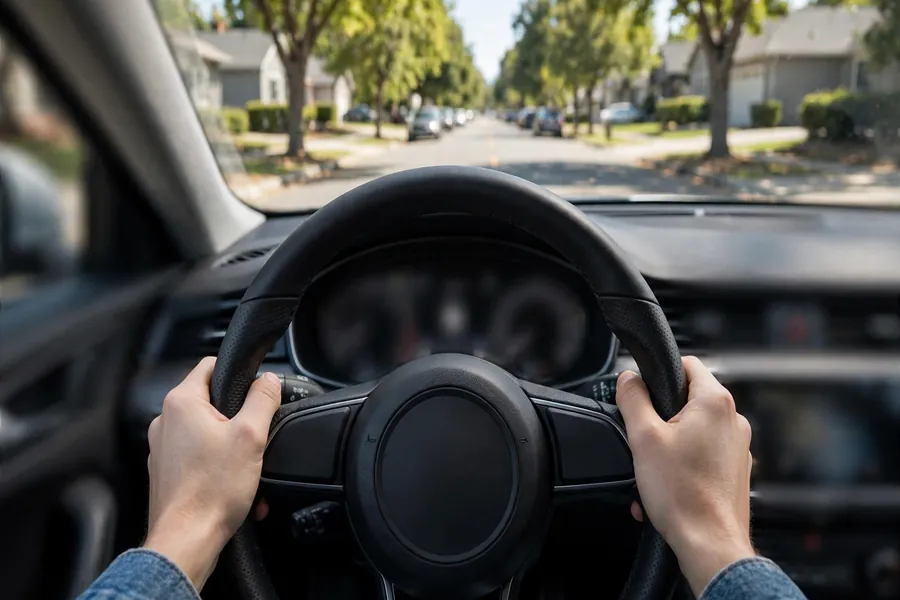 Driver’s view from behind the wheel of a BMW 3 Series during a daytime test drive