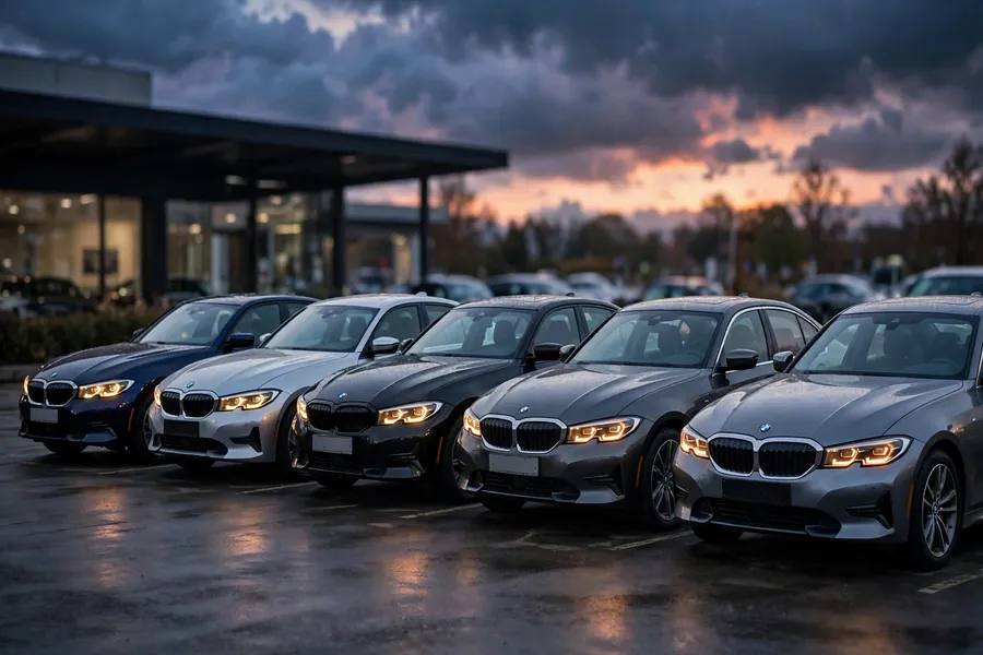 A row of used BMW 3 Series sedans parked at a dealership lot