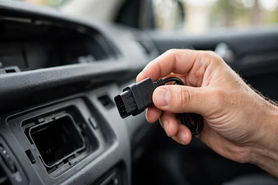 Hand holding a Bluetooth OBD-II adapter near a car’s dashboard