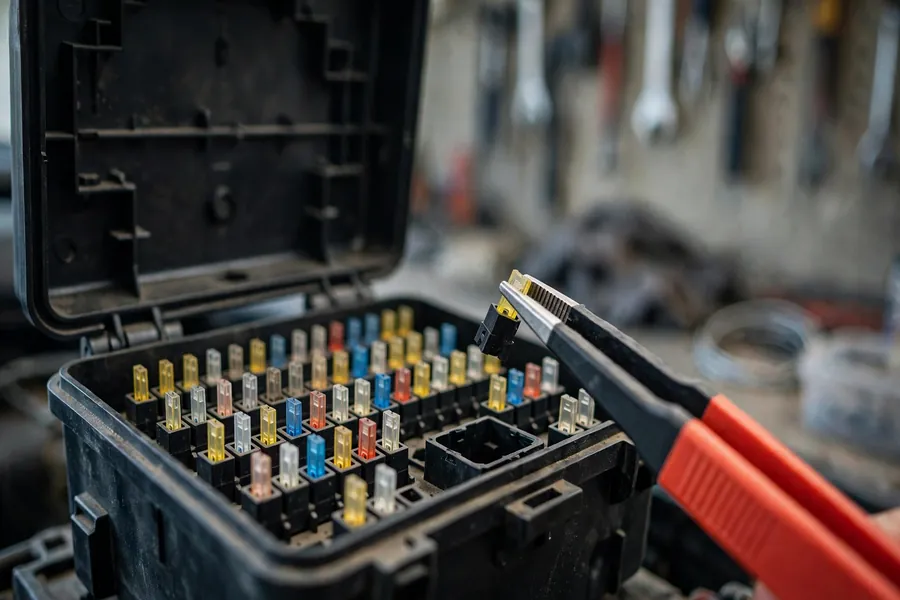 Close-up of a car's interior fuse box with one fuse partially pulled, generic scene with no readable labels