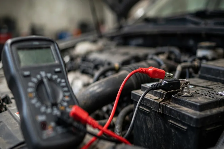 Close-up of a digital multimeter with test leads positioned near a car battery, the meter's dial intentionally out of focus so no reading is visible