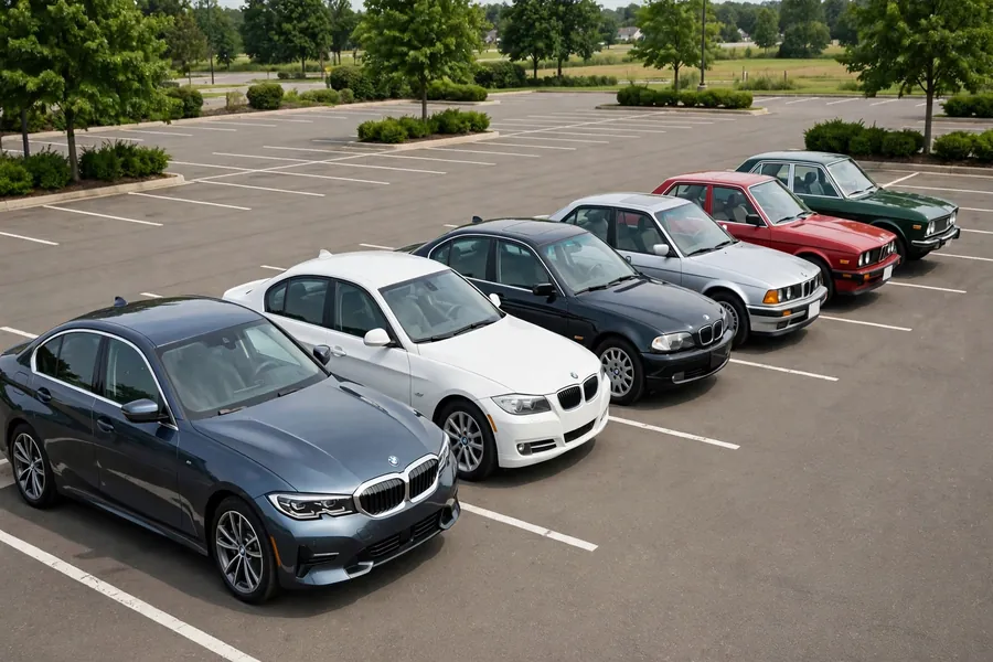 Three successive BMW 3 Series generations parked in a row at golden hour