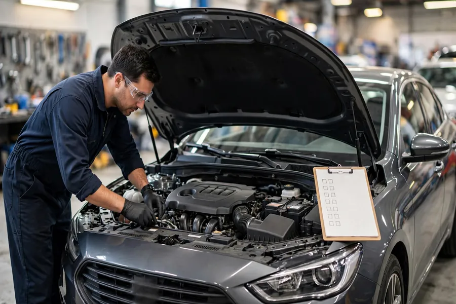 Mechanic performing a pre-purchase inspection on a used BMW 3 Series