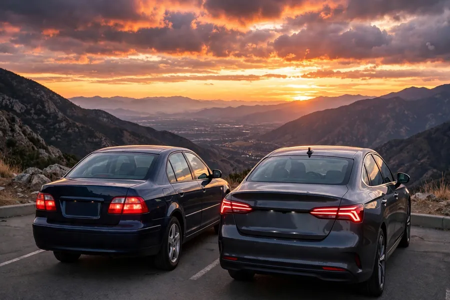 Rear three-quarter view of two BMW 3 Series sedans from consecutive generations on a road
