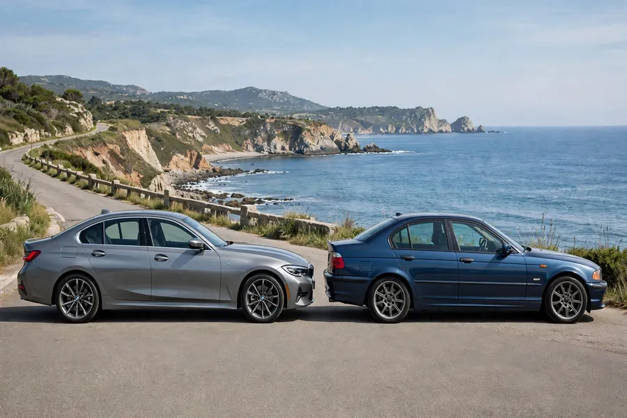 Silver BMW 3 Series sedans of the F30 and G20 generations parked side by side in profile view