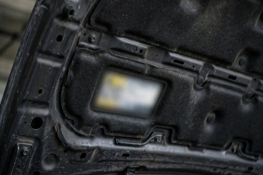 Under-hood view of a BMW showing the area beneath the hood where the emissions label is fitted