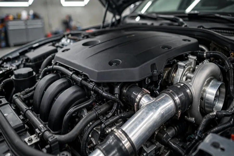 Clean turbocharged four-cylinder BMW engine bay with the plastic engine cover in place