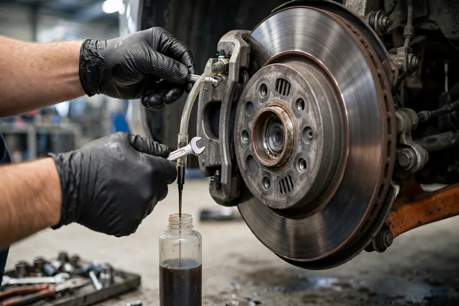 A brake caliper being bled during a brake fluid flush on a BMW 3 Series