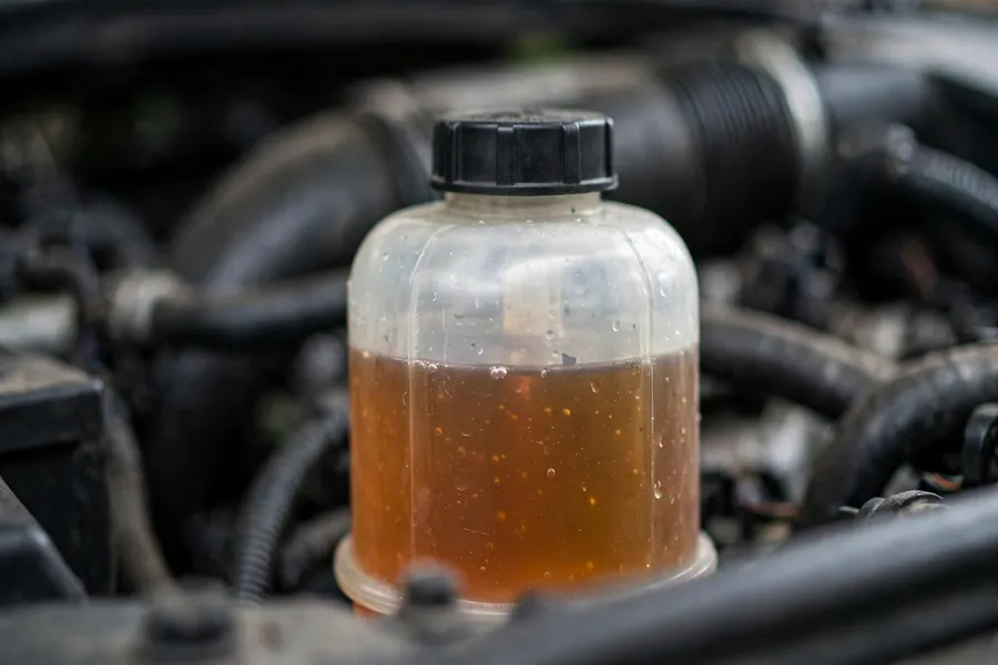 Close-up view of a brake fluid reservoir inside a BMW 3 Series engine bay