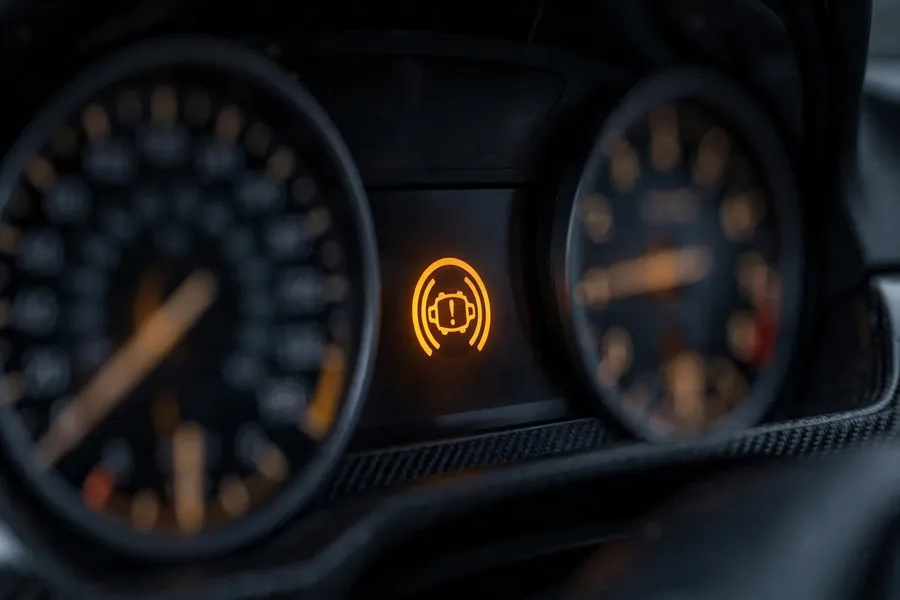 BMW 3 Series instrument cluster displaying a brake fluid service reminder icon