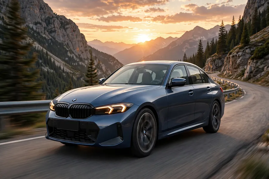 A modern BMW 3 Series sedan driving on a winding road, three-quarter front view, no visible badges or plates