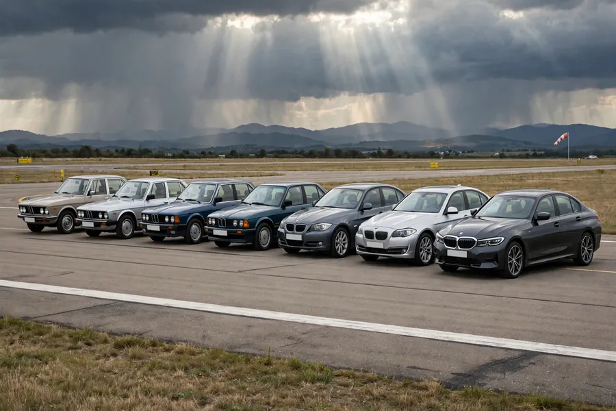 Several BMW 3 Series sedans from different generations parked in a row at golden hour
