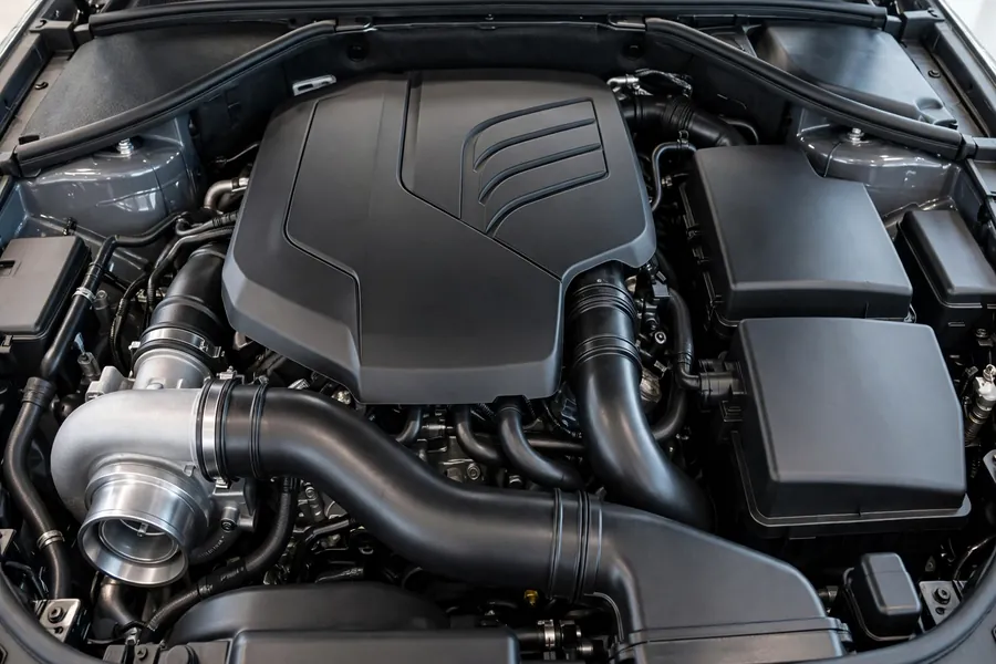 Close-up of a modern BMW turbocharged engine bay with plastic covers, generic and unbranded