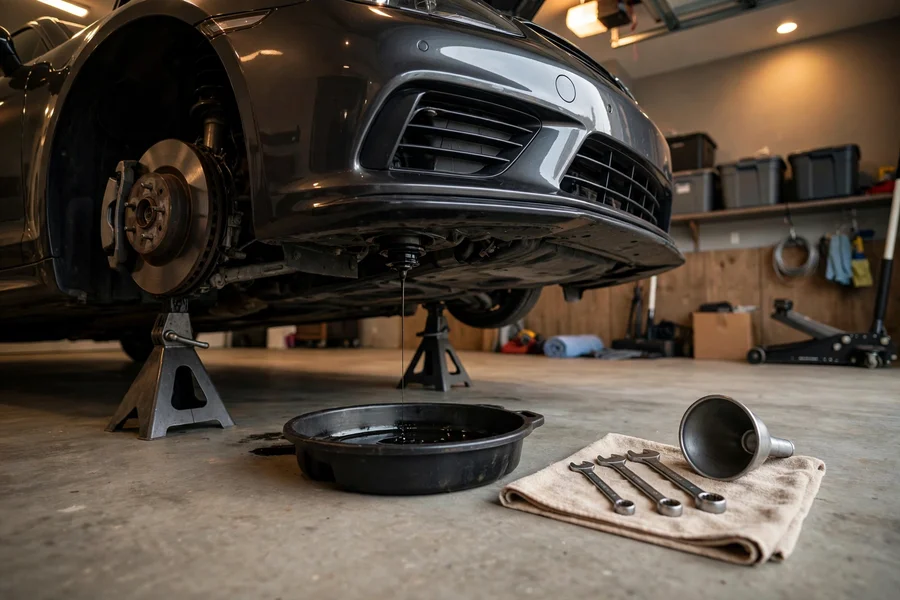 A DIY oil change in a home garage with a sports sedan on jack stands and tools laid out
