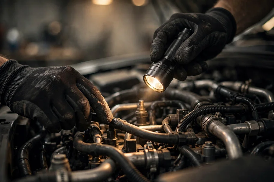 A technician inspecting the engine bay of a BMW 3 Series with a flashlight during scheduled maintenance
