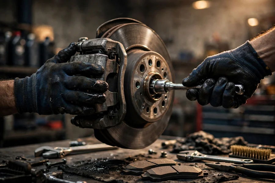 A mechanic replacing brake pads and rotors on a BMW 3 Series in a professional workshop