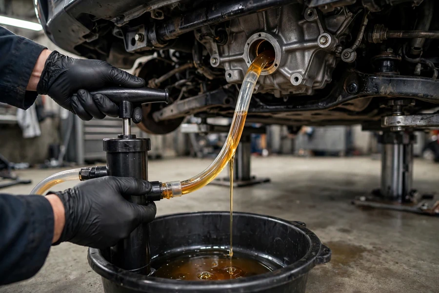 Fresh automatic transmission fluid being pumped into a gearbox fill port on a lifted car