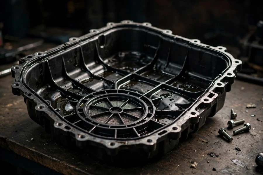 A removed automatic transmission oil pan with its integrated filter sitting in a workshop