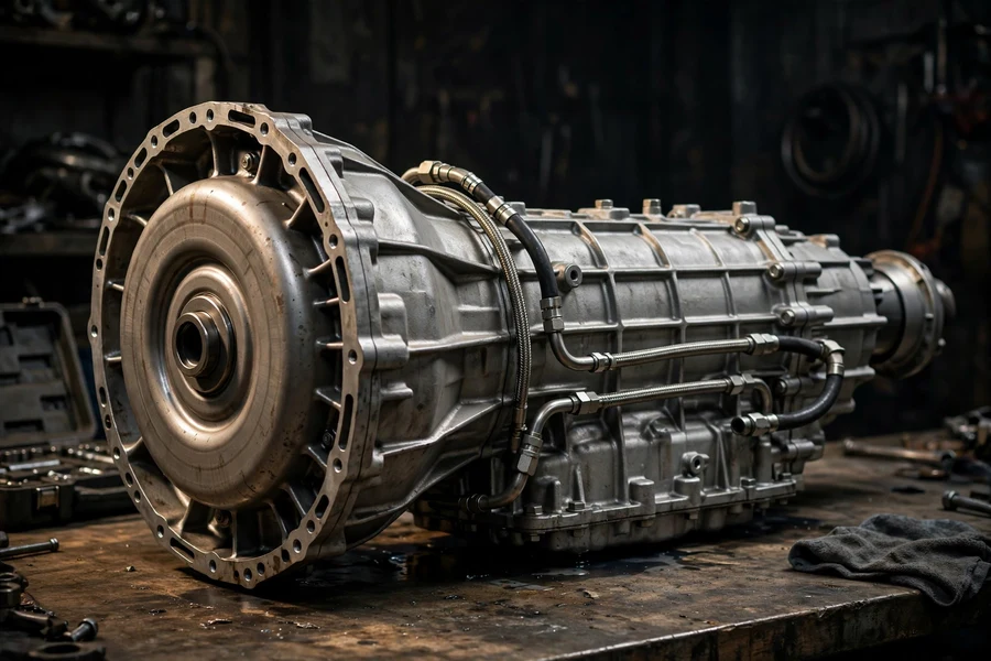 A ZF 8-speed automatic transmission gearbox on a workbench in a specialist workshop