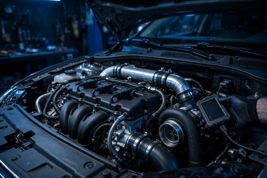 A technician holding a diagnostic scan tool over a turbocharged BMW engine bay in a dark workshop