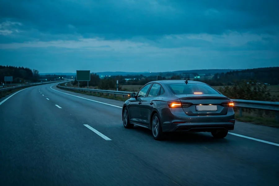 A sedan driving slowly in the right lane of a highway at dusk with hazard lights on