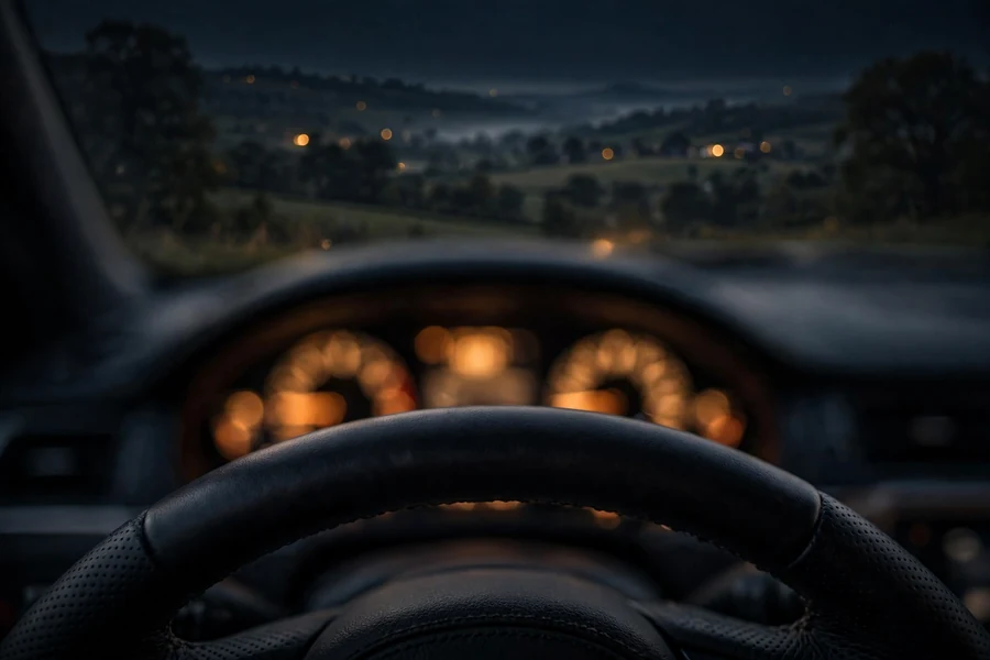 A BMW cockpit at night with the instrument cluster glowing softly out of focus