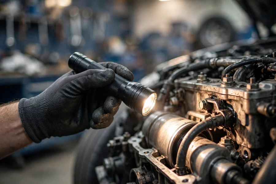Mechanic's gloved hand inspecting the oil filter housing area of a BMW engine