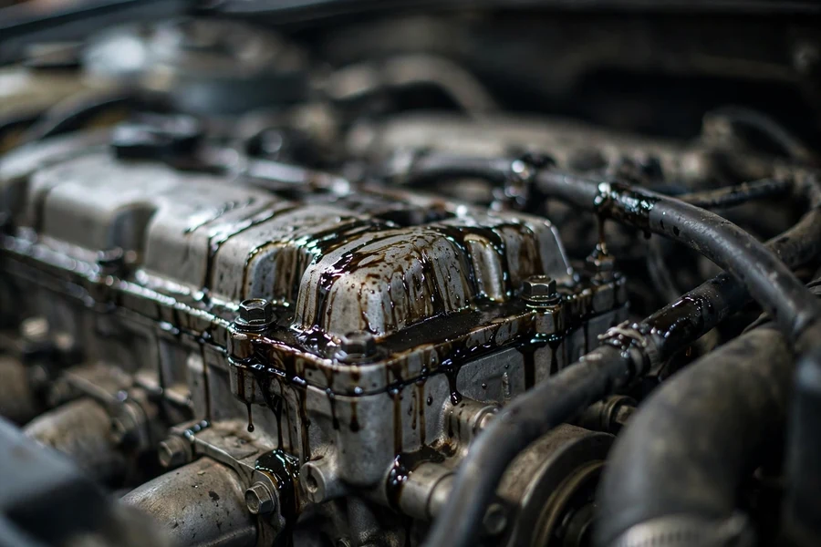 Close-up of a BMW engine bay showing oil seepage traces around engine components